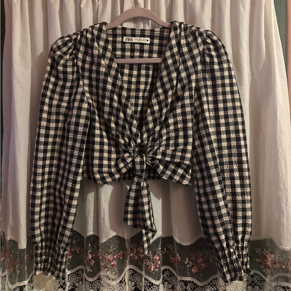 ZARA Women Gingham Crop Top Blouse Sz XS Black White Tie Front Party Festival
